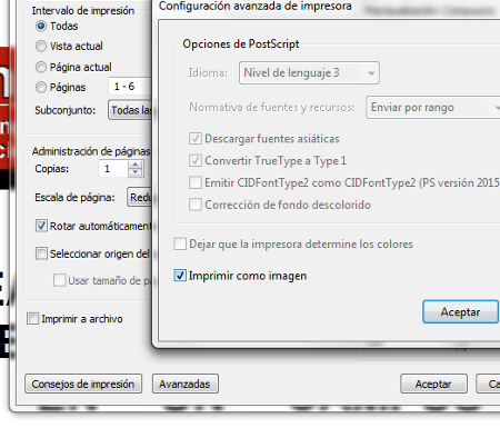 para imprimir como imagen en acrobat, marque la opción en avanzadas.