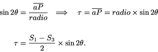 \begin{displaymath}\begin{split}
\sin2\theta &= \frac{\overline{aP}}{radio} \ \ ...
...\tau &= \frac{S_{1} - S_{3}}{2} \times \sin2\theta.
\end{split}\end{displaymath}