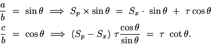\begin{displaymath}\begin{split}\frac{a}{b} \ &=\ \sin\theta \ \Longrightarrow \...
...rac{\cos\theta}{\sin\theta} \ =\ \tau \ \cot\theta. \end{split}\end{displaymath}